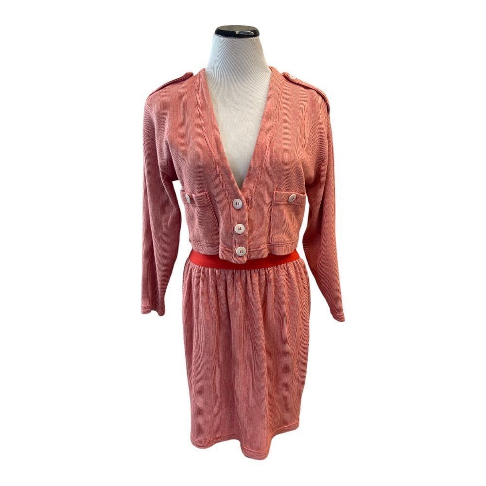 Vintage Liz Claiborne Orange Striped Cotton Cropped Blazer & Skirt Set 80s
